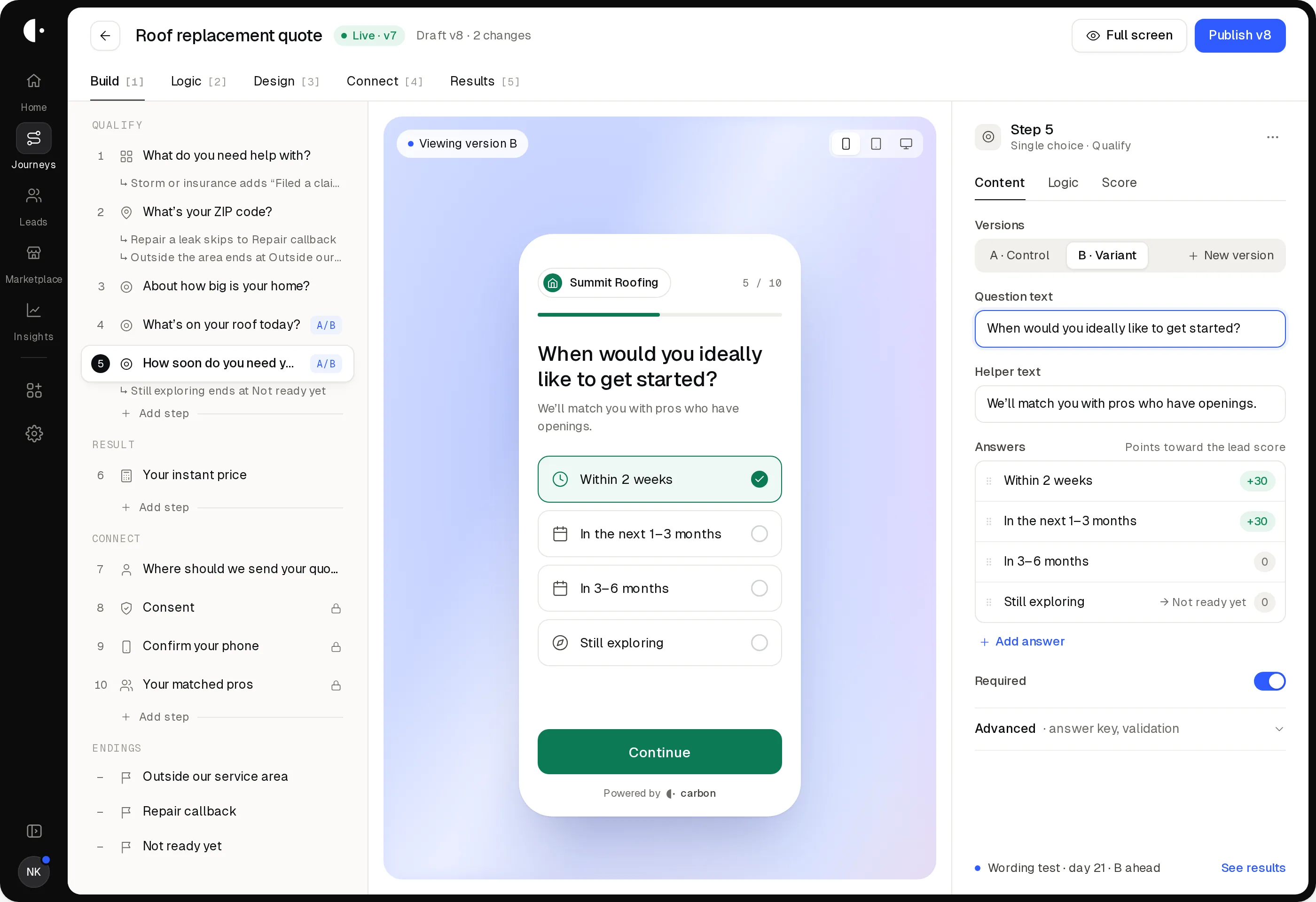 Journey builder with a live phone preview of the question “When would you ideally like to get started?”