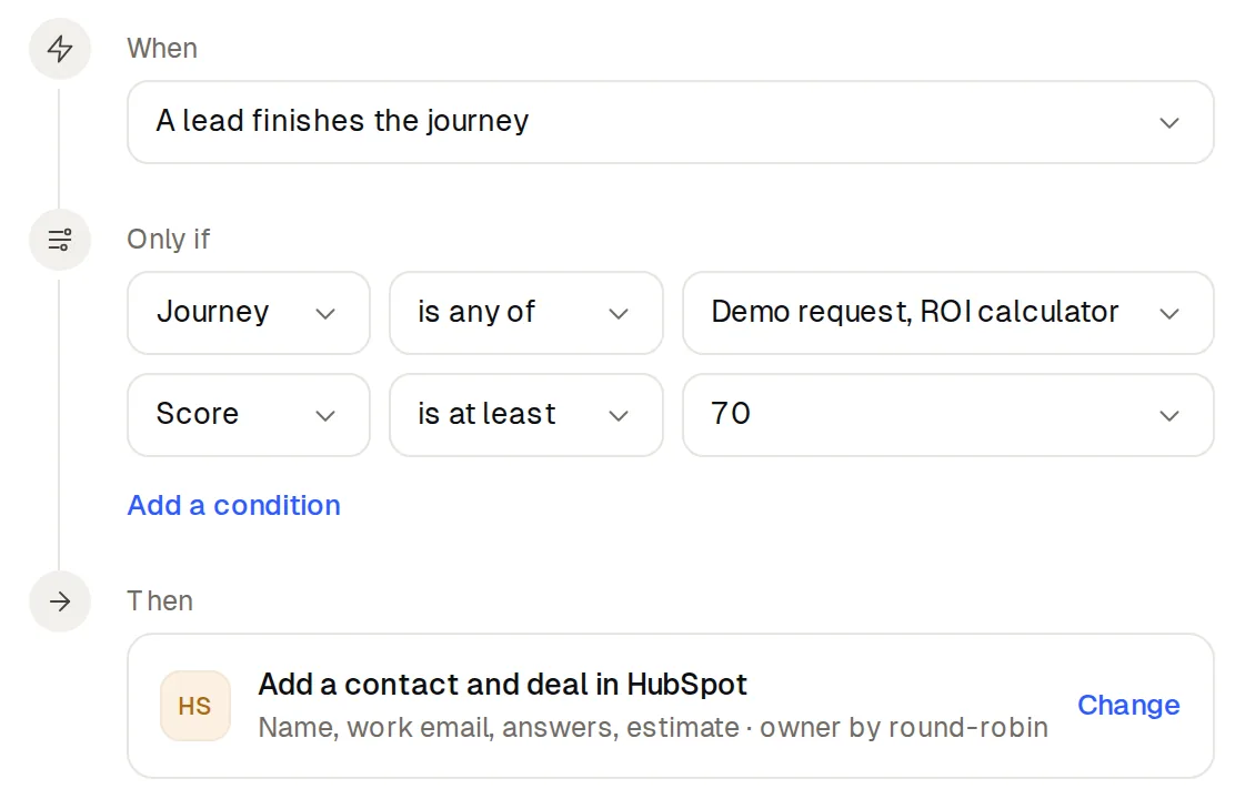 Automation: when a lead finishes the journey with a score of at least 70, add a contact and deal in HubSpot