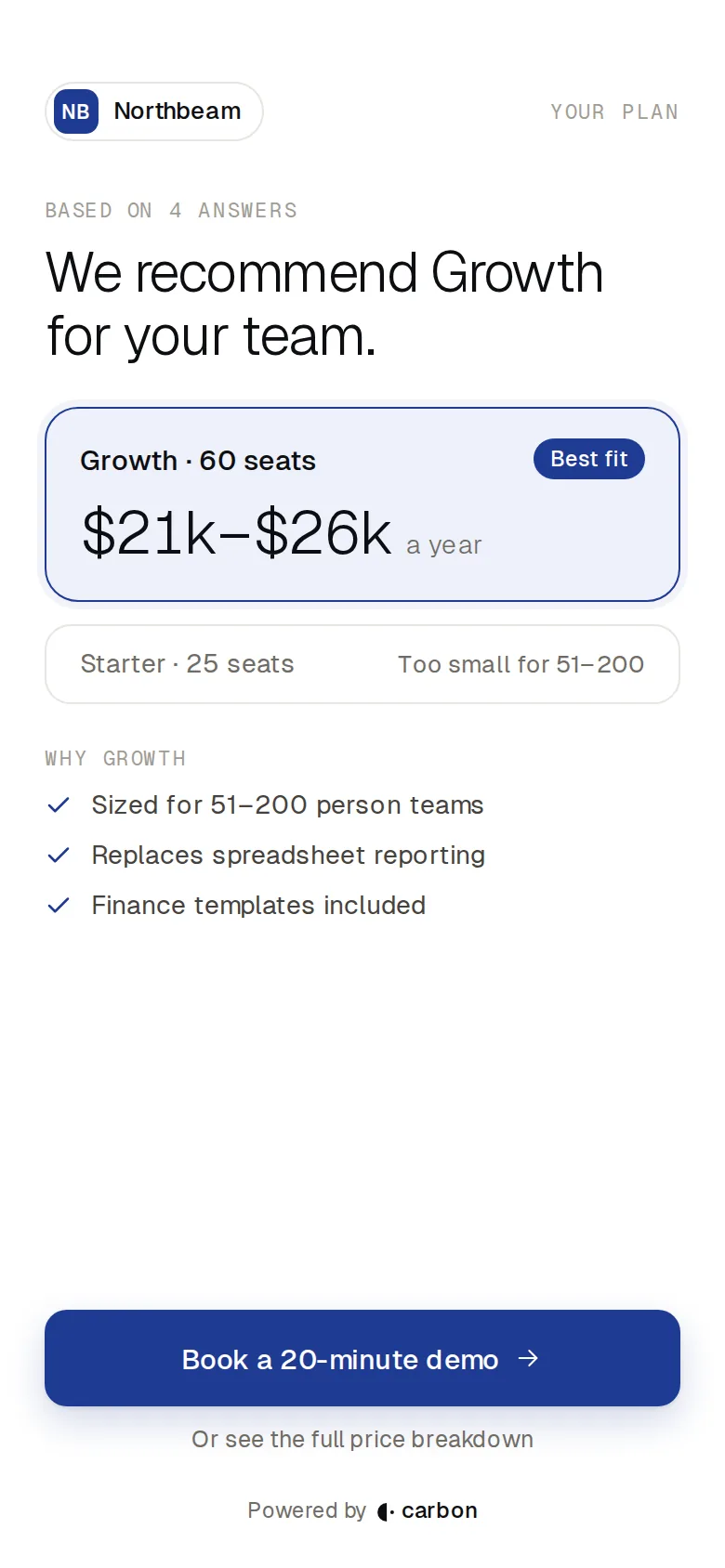 Plan recommendation on a phone: Growth, 60 seats, $21k–$26k a year