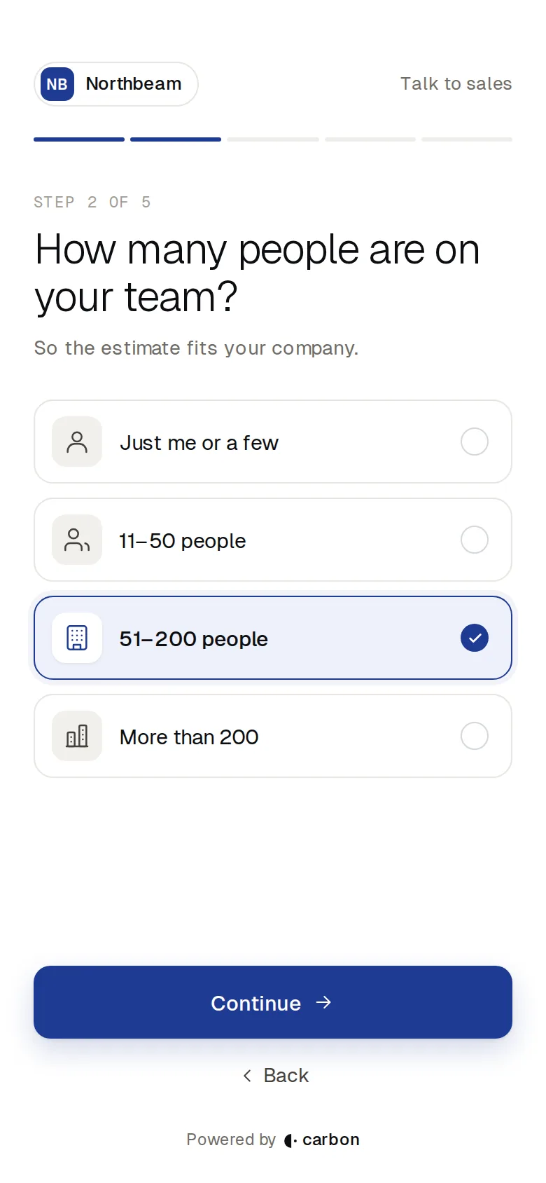 Step 2 of 5: How many people are on your team? 51–200 people selected