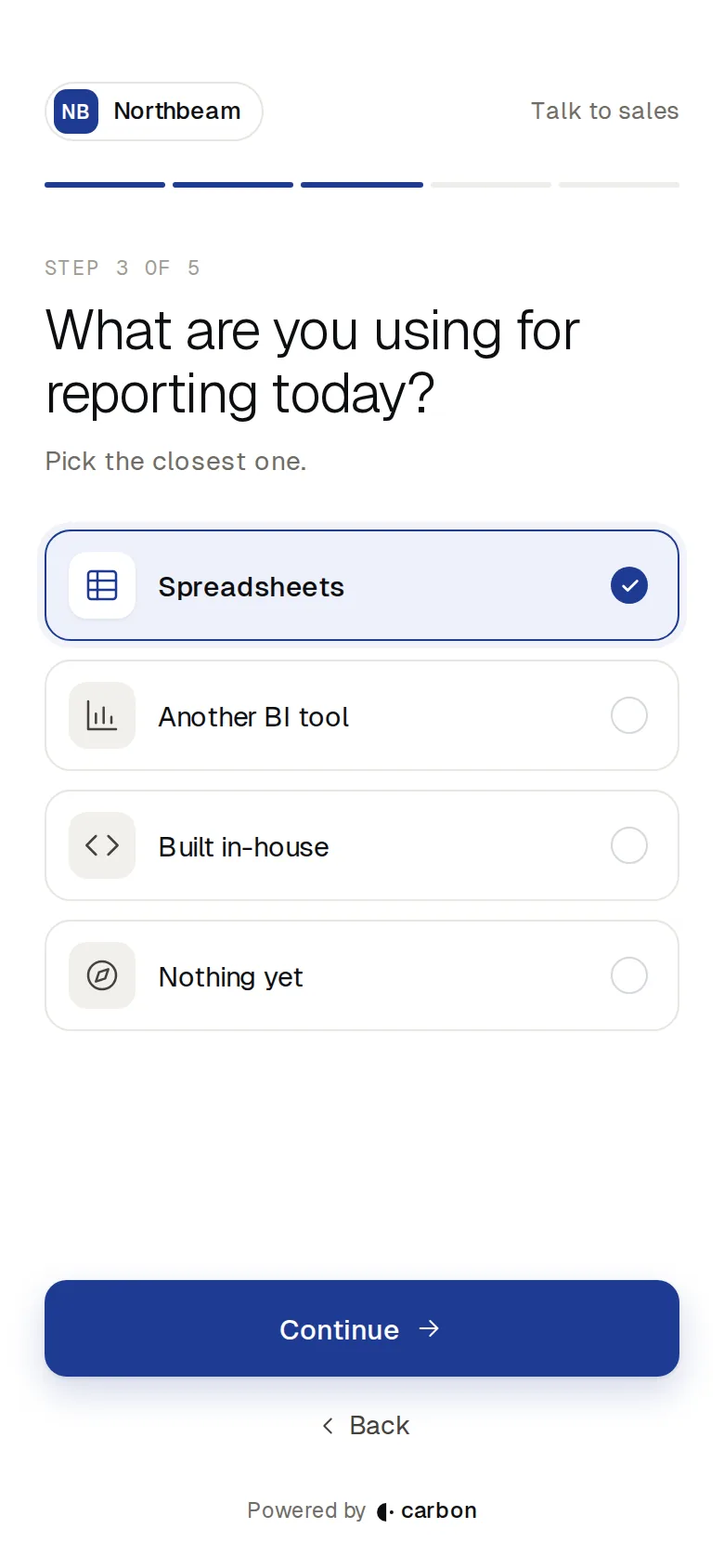 Step 3 of 5: What are you using for reporting today? Spreadsheets selected
