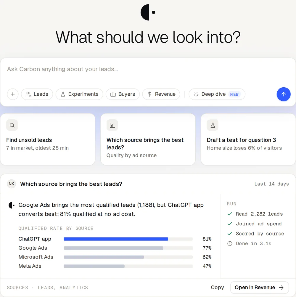 Ask Carbon: which source brings the best leads? Google Ads brings the most qualified leads, the ChatGPT app converts best at 81%