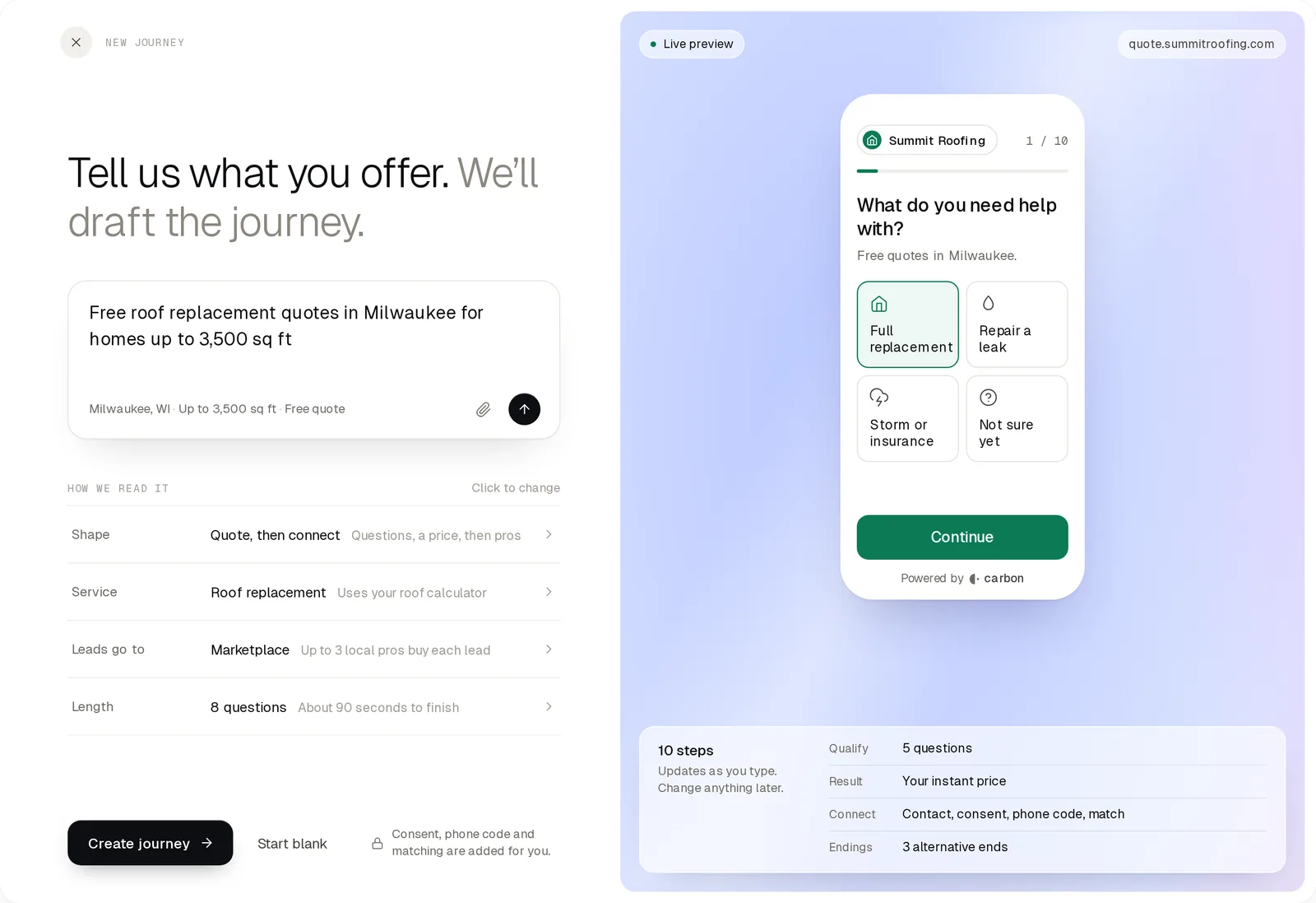 New journey: describe the offer in a sentence and Carbon drafts a 10-step journey with a live preview
