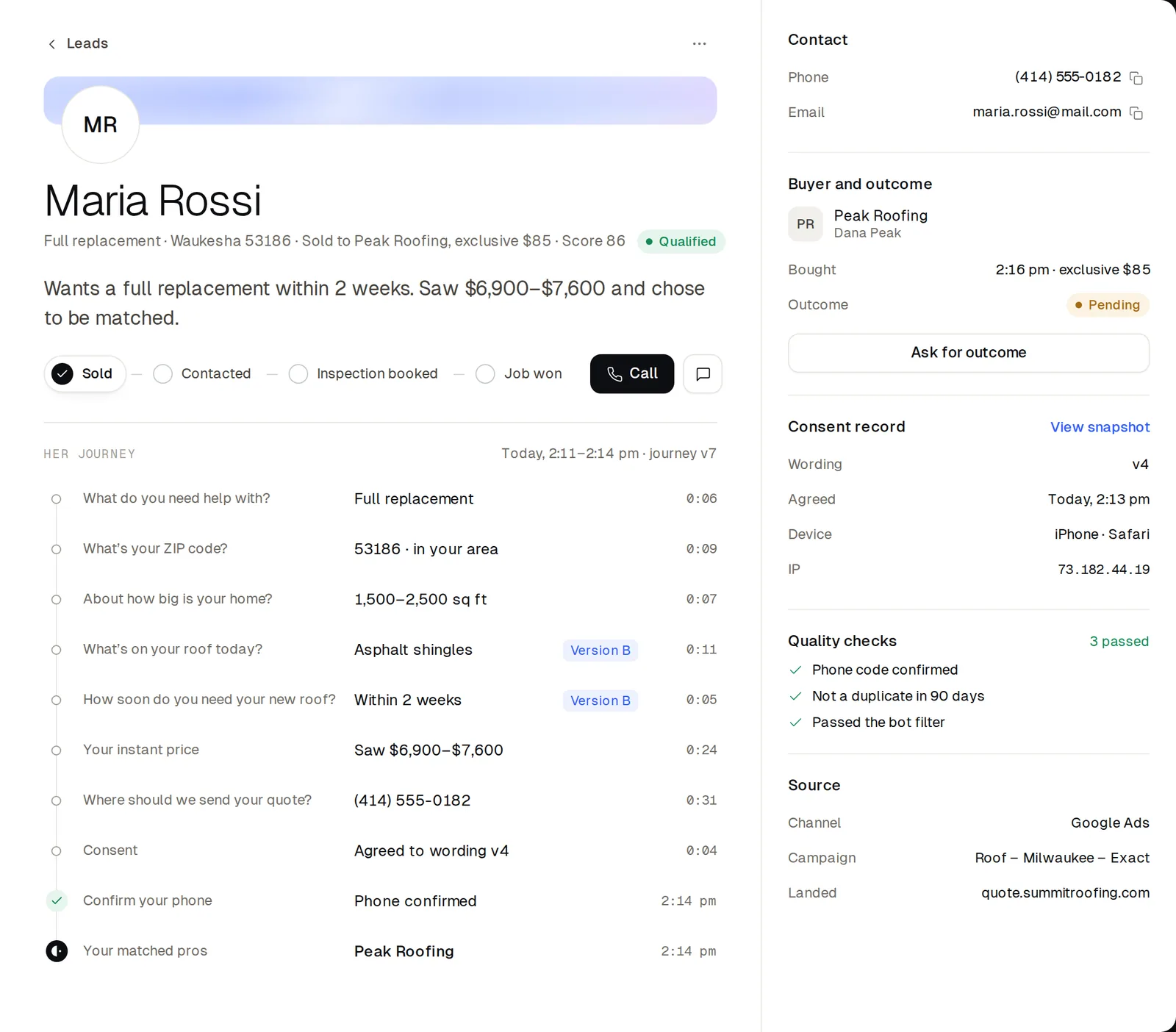 Lead record for Maria Rossi: score 86, qualified, sold to Peak Roofing as an exclusive lead for $85, with her journey answers, consent record and quality checks