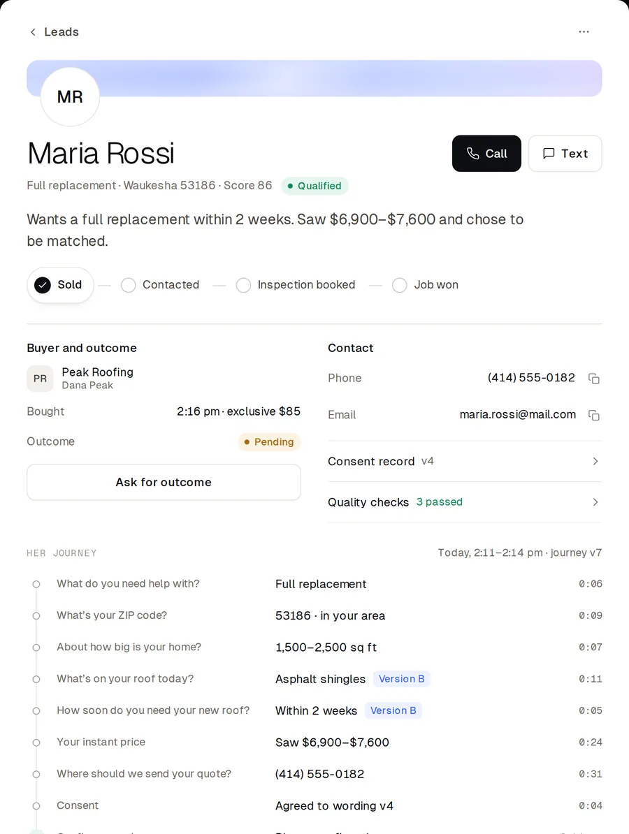 Lead record for Maria Rossi: qualified, sold to Peak Roofing as an exclusive lead for $85, with her journey answers and consent record